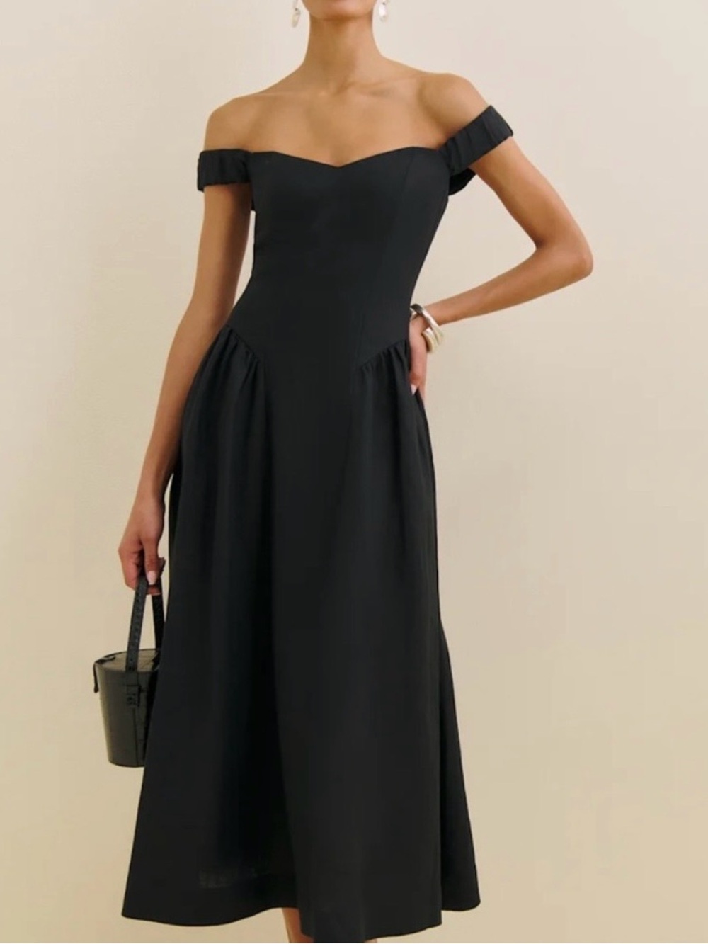 Reformation Monet 100% Linen Black Off-Shoulder Dress Size 8 Wedding Guest